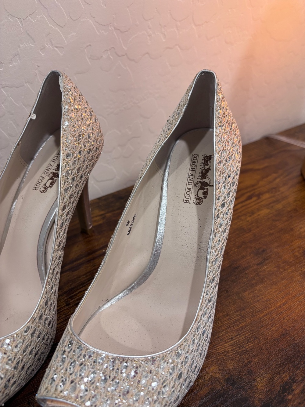 Coach and Four Champagne Silver Glitter Peep-Toe Heels